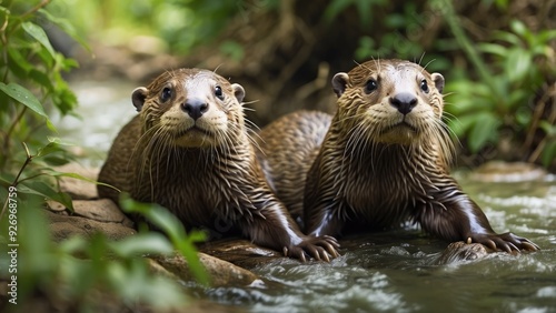 Playful otters sliding down a riverbank, holding hands, surrounded by lush vegetation, joyful 