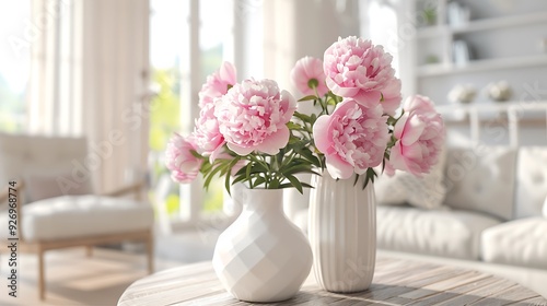 Pretty pink colour peonies flowers in white vase inside of light warm living room