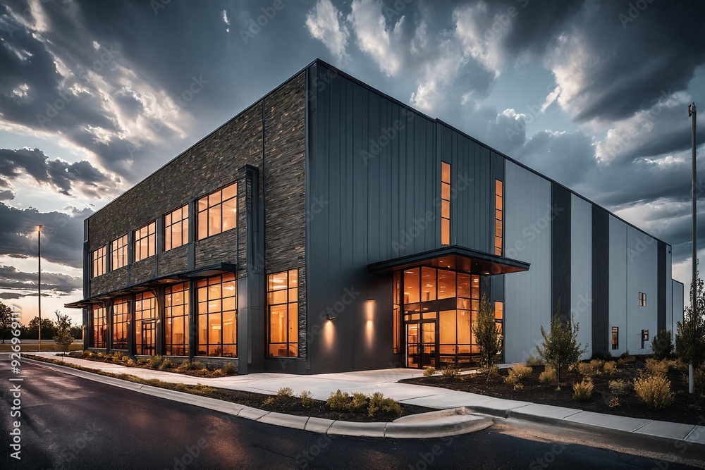 Modern Industrial Building at Dusk Modern Industrial Building at Dusk
