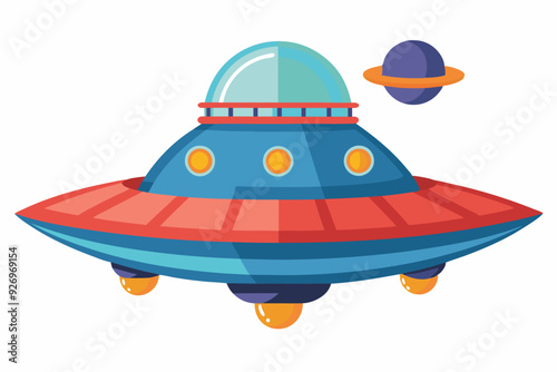 Cartoon illustration of a flying saucer with a planet