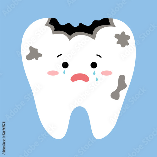 Dental cavity cartoon character concept vector illustration. Dental problem. Toothache. Oral care.