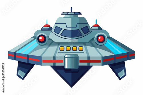 A Grey Cartoon Spaceship with Red Lights and Blue Details