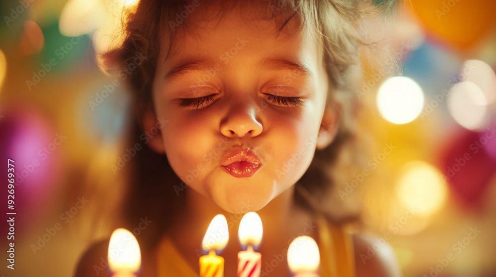 A young girl blowing out candles on her birthday cake amidst colorful decorations, capturing a joyful celebration moment. A young girl blowing out candles on her birthday cake amidst colorful decorations, capturing a joyful celebration moment.