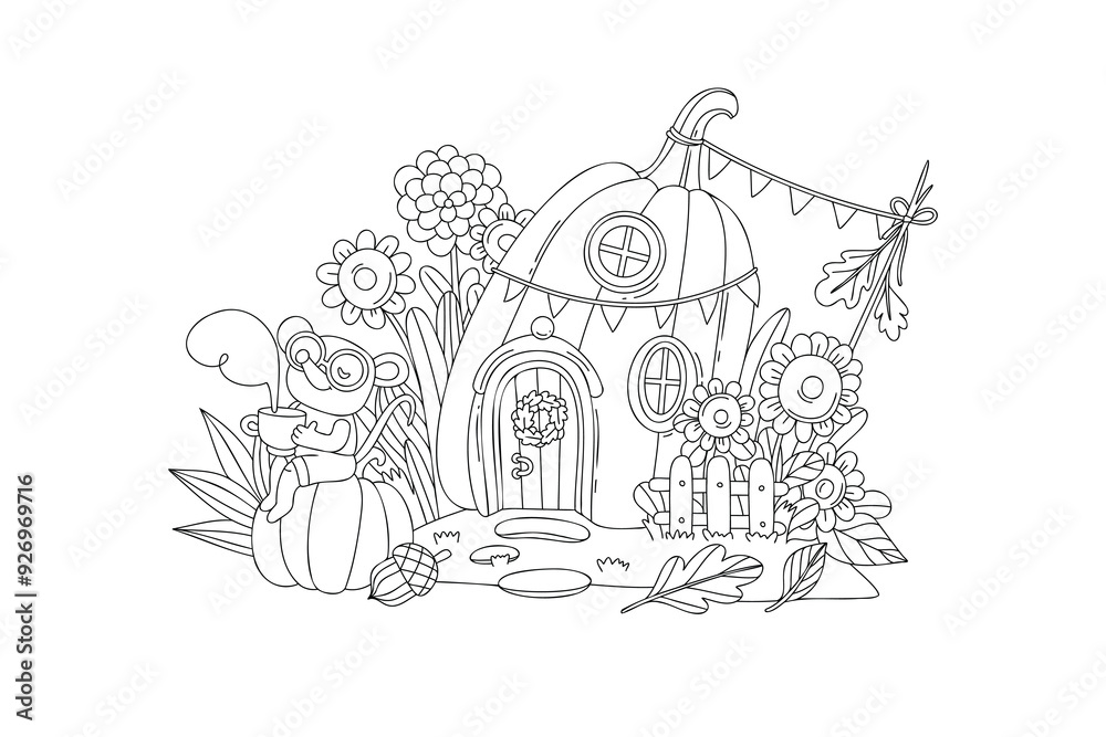 Fototapeta premium Coloring page for kids, cute mouse with pumpkin house doing housework. Autumn linear illustration.