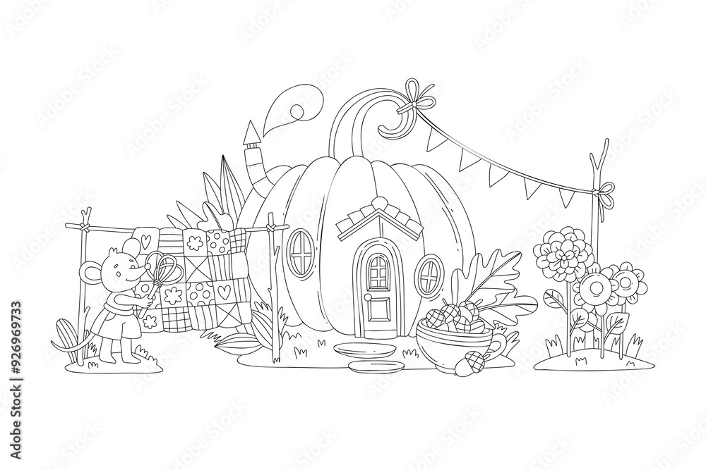 Obraz premium Coloring page for kids, cute mice near a pumpkin house doing housework. Autumn linear illustration.