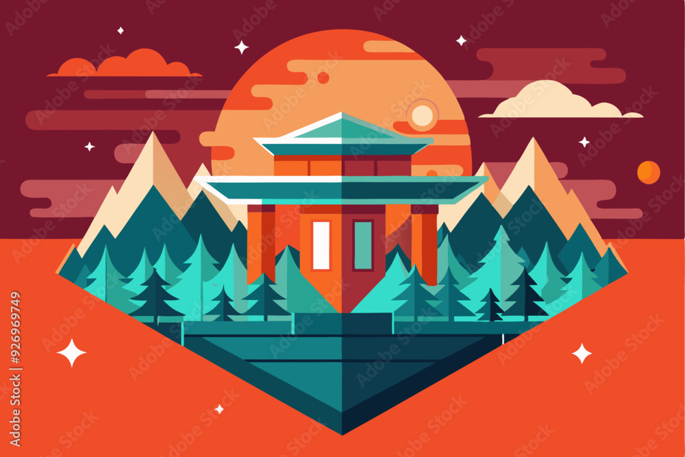 Naklejka premium Geometric Illustration of a Traditional Asian Temple in a Mountainous Landscape