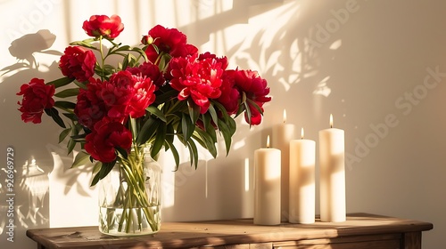 Fototapeta Naklejka Na Ścianę i Meble -  red peonies in glass vase straw lamp white candles on wooden commode across white wall lights and shadows concept