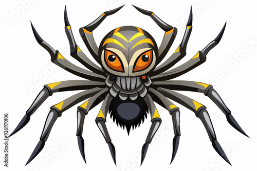 Cartoon illustration of a spider with yellow stripes and sharp fangs