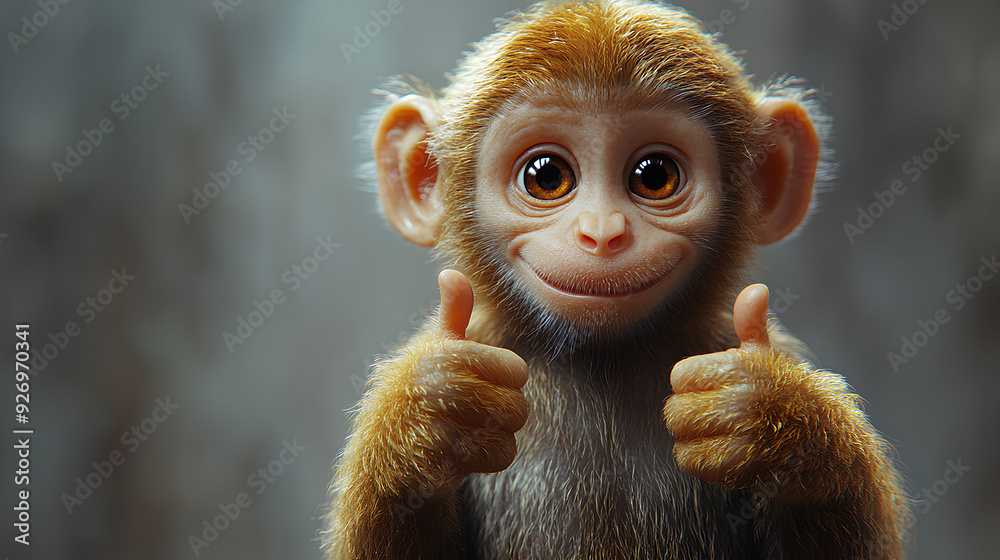Fototapeta premium Happy smiling funny ginger monkey cartoon character in 3d design style showing thumbs up gesture on white background. Cute fantasy animals concept