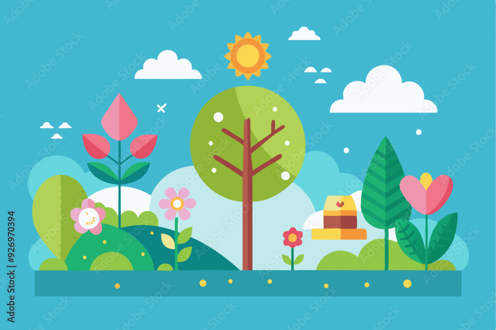 Sunny Day Landscape with Flowers and Trees Sunny Day Landscape with Flowers and Trees