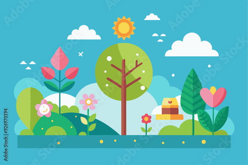 Sunny Day Landscape with Flowers and Trees