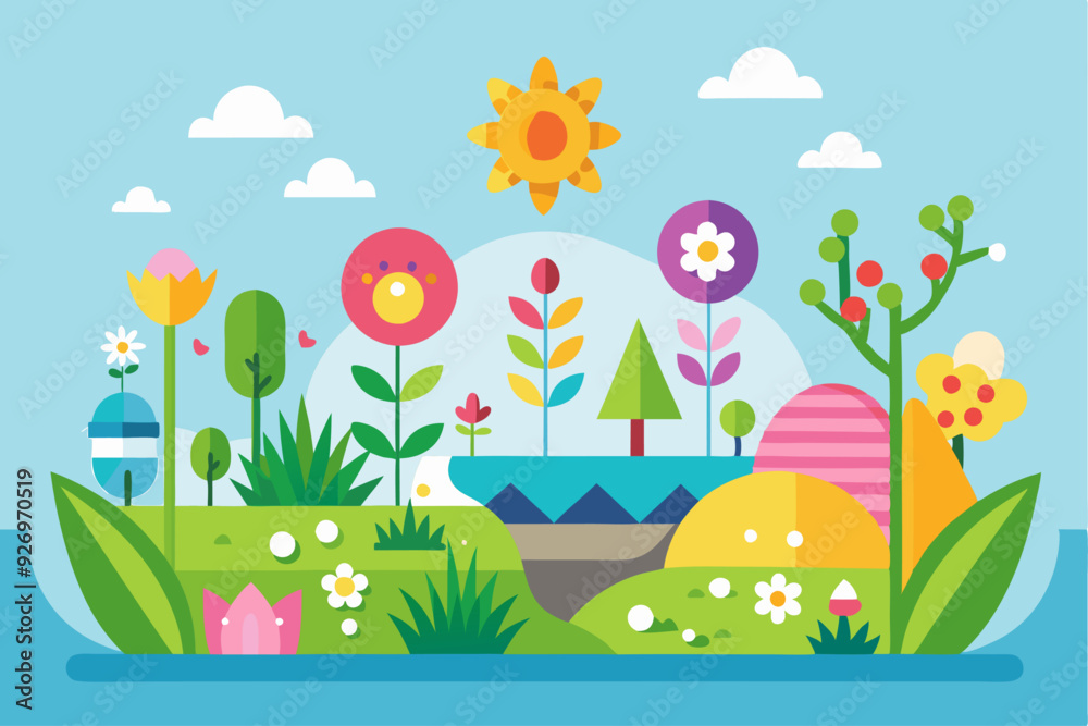 Fototapeta premium Colorful Geometric Landscape with Sun, Flowers, and Trees