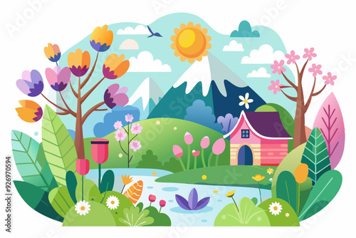 A whimsical springtime scene with a house, flowers, and a river