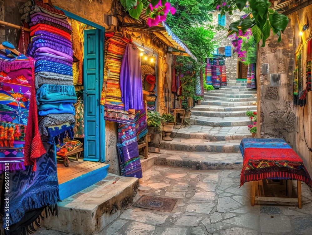 Obraz premium A narrow alleyway lined with colorful textiles and leading up a set of stone steps. AI.