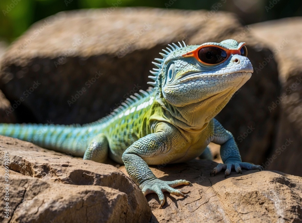 Fototapeta premium A lizard wearing sunglasses sits on a rock. AI.