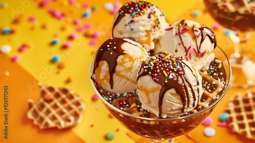 scoops of vanilla flavor ice cream in glass bowl with chocolate sauce strewed sprinkles and waffle cookies on yellow and orange background photo