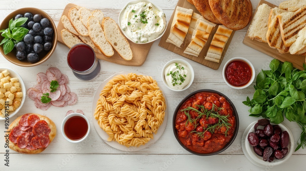 Close-up of a food spread on a white wooden surface for a restaurant backdrop Close-up of a food spread on a white wooden surface for a restaurant backdrop