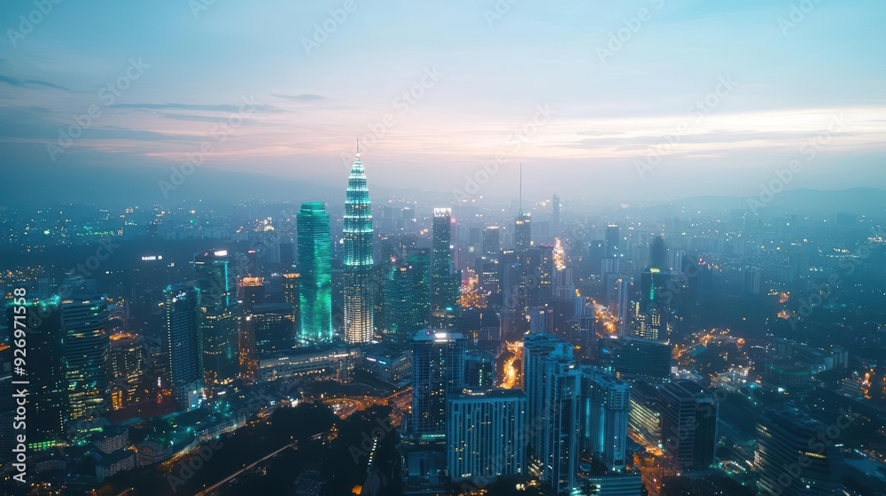 Fototapeta premium Aerial view of Kuala Lumpur cityscape at dusk.