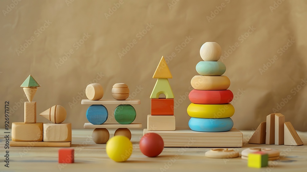 Set of different wooden toys on table against beige background Set of different wooden toys on table against beige background