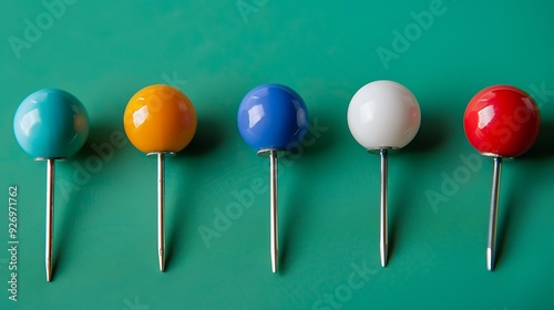 set push colorful pins isolated on green background photo