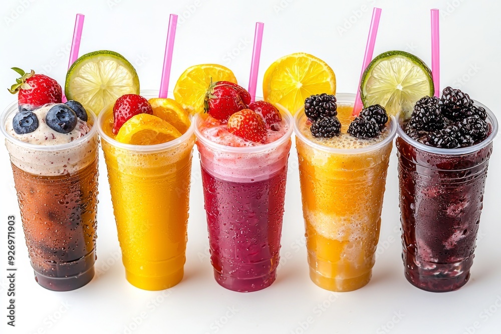 Juices and Floats in Plastic Cup on white background created with Generative AI Juices and Floats in Plastic Cup on white background created with Generative AI