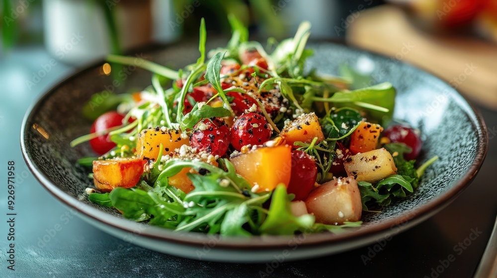 Close-up of a gourmet salad plate with crisp greens and toppings Close-up of a gourmet salad plate with crisp greens and toppings
