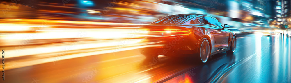 A car speeds through a city at night, with blurred lights creating a sense of motion. A car speeds through a city at night, with blurred lights creating a sense of motion.