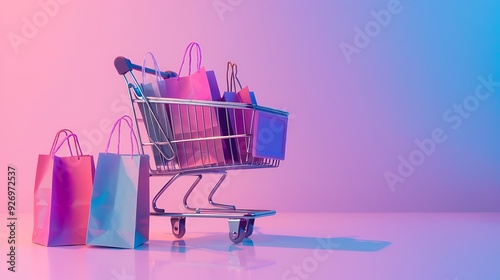 Small metal cart with shopping bags on pink and purple background
