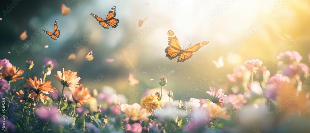 Beautiful butterflies flying over a field of flowers in the sun. Beautiful butterflies flying over a field of flowers in the sun.