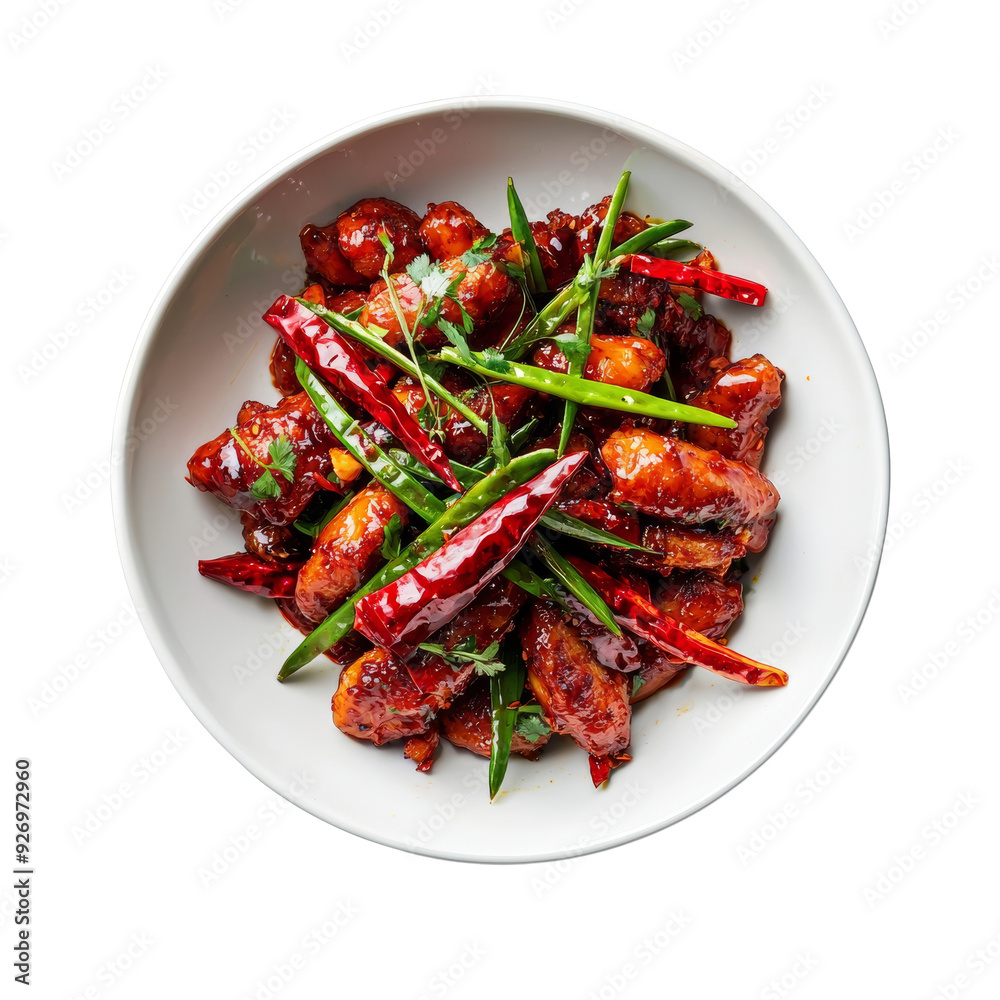 Plate of spicy stir fried chicken with red chili peppers and green onions. Asian cuisine, flavorful and delicious Plate of spicy stir fried chicken with red chili peppers and green onions. Asian cuisine, flavorful and delicious