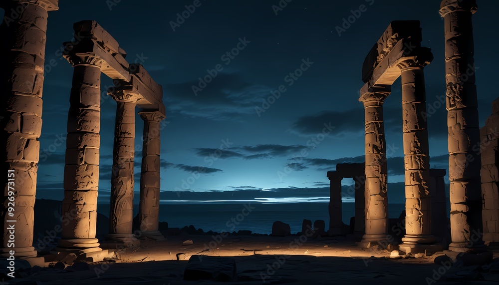 Fototapeta premium Ancient ruins against the backdrop of the dark deep sea, emitting an inviting light