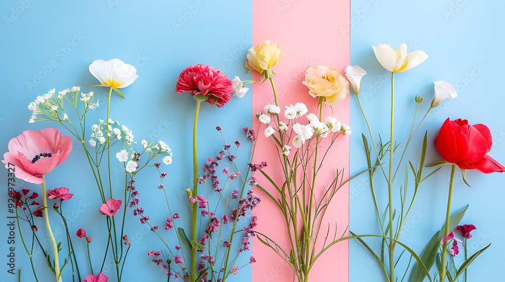 Spring flat lay with traditional flowers on colorful background Spring flat lay with traditional flowers on colorful background