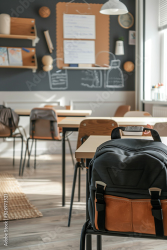  Modern empty classroom with stylish decor, backpacks, and stationery supplies