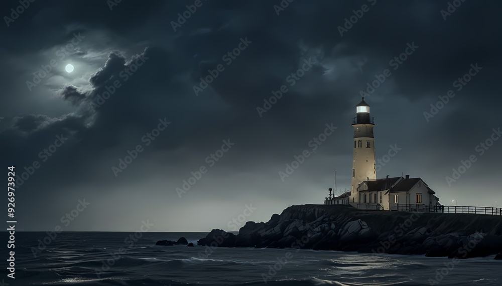 Lighthouse on an island surrounded by thick fog, lightning in the sky with a ray of light falling on the lighthouse, moon in the sky Lighthouse on an island surrounded by thick fog, lightning in the sky with a ray of light falling on the lighthouse, moon in the sky
