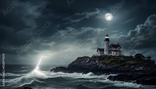 Lighthouse on an island surrounded by thick fog, lightning in the sky with a ray of light falling on the lighthouse, moon in the sky