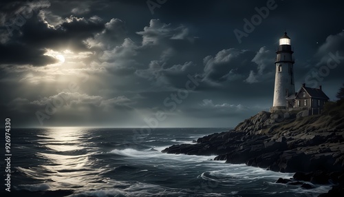 Wallpaper Mural Lighthouse on an island surrounded by thick fog, lightning in the sky with a ray of light falling on the lighthouse, moon in the sky Torontodigital.ca