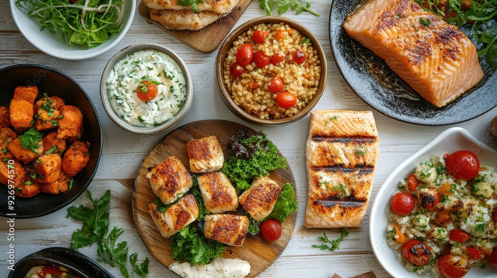 Close-up of restaurant food on a white wood background with rustic charm Close-up of restaurant food on a white wood background with rustic charm