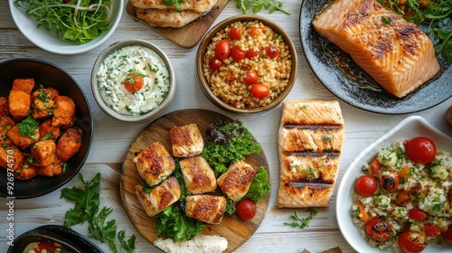Close-up of restaurant food on a white wood background with rustic charm