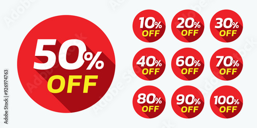 Discount sale off the tag 10, 20, 30, 40, 50, 60, 70, 80, 90 percent. Promotion red sticker with discount offer, clearance, emblem, special offer tag sticker design element. Flat vector illustration	