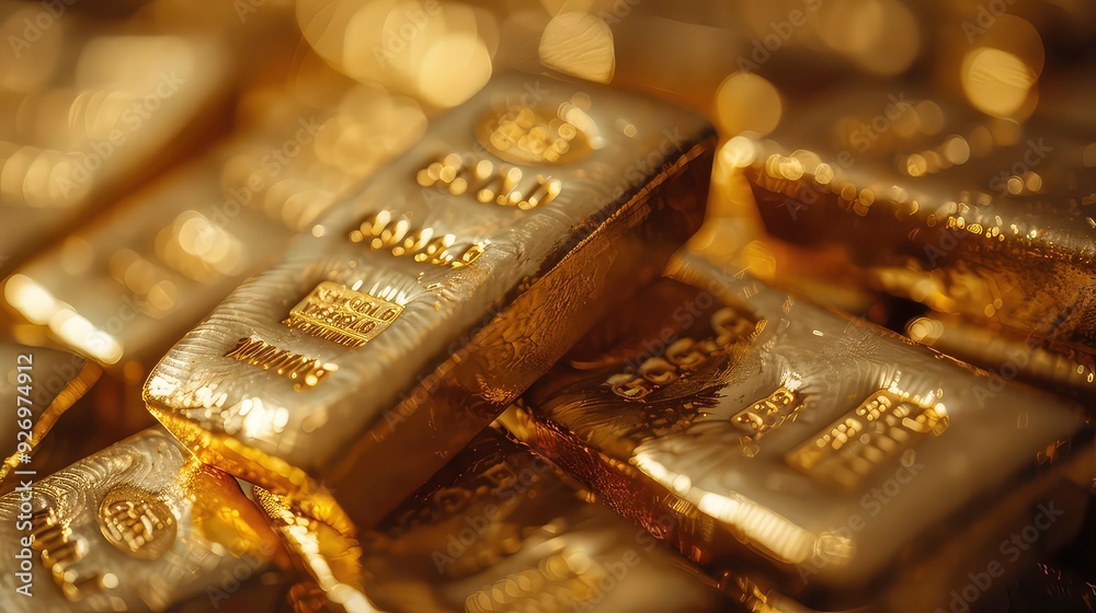 A close-up view of several gold bars stacked together. The bars are shiny and reflect the light, creating a warm and inviting atmosphere. A close-up view of several gold bars stacked together. The bars are shiny and reflect the light, creating a warm and inviting atmosphere.