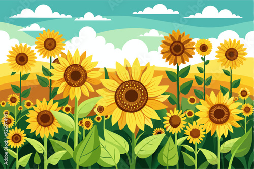 A Field of Sunflowers Under a Blue Sky with White Clouds