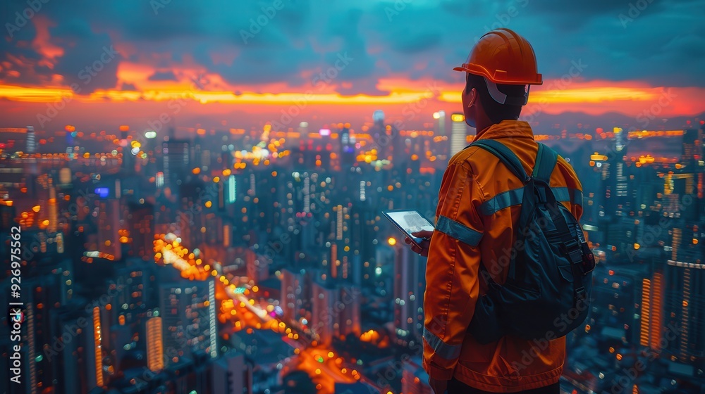 Innovative Engineer Working on Smart City Infrastructure Project with Advanced Tools and Tablets, Space for Text on the Right Innovative Engineer Working on Smart City Infrastructure Project with Advanced Tools and Tablets, Space for Text on the Right