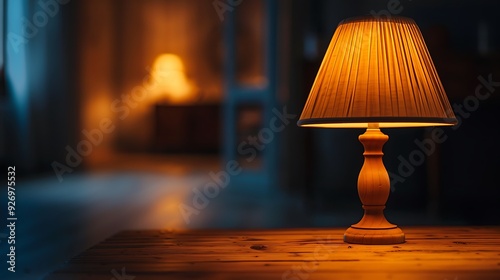 Table lamp on a wooden surface in a dark room