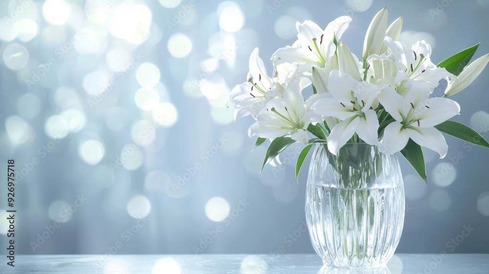 Elegant white lilies in a glass vase on a blue background. Elegant white lilies in a glass vase on a blue background.