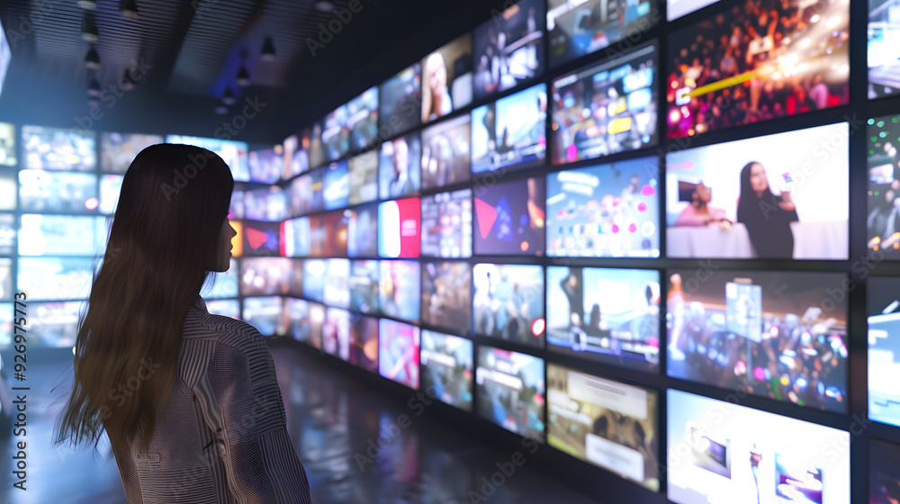 A woman stands in front of an interactive wall with multiple screens A woman stands in front of an interactive wall with multiple screens