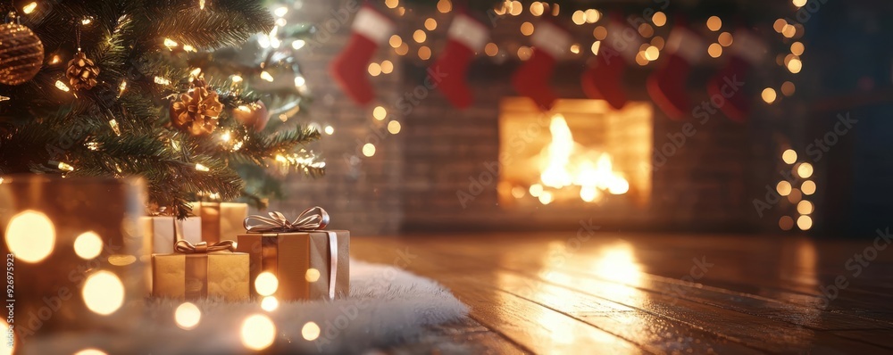 Christmas tree with gifts in front of fireplace with warm glow Christmas tree with gifts in front of fireplace with warm glow