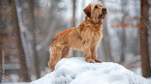 Tawny dog briard standing on snowdrift on the edge of the forest