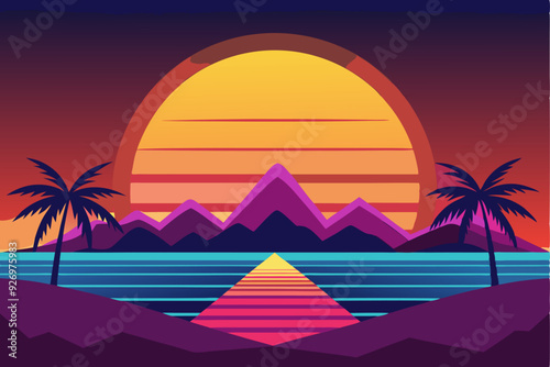 Sunset Over Mountains with Palm Trees and a Striped Ocean
