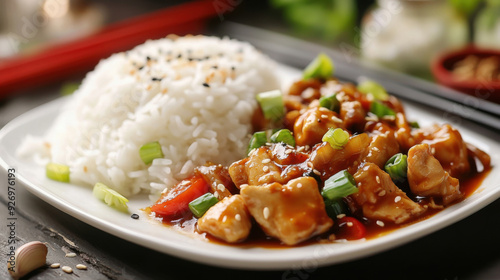 Spicy stir-fried pork and chicken with chili sauce.