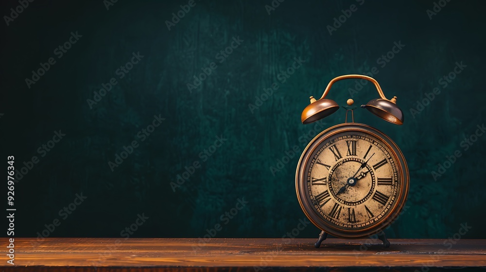 The clock is placed on a wooden table with a black background and vintage style lighting The clock is placed on a wooden table with a black background and vintage style lighting